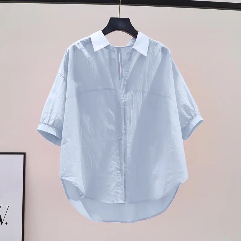 Casual Solid Button Blouse Polo Neck Short Sleeve Loose Simplicity Basic Shirt Tops Fashion Vintage Women Clothing Summer New