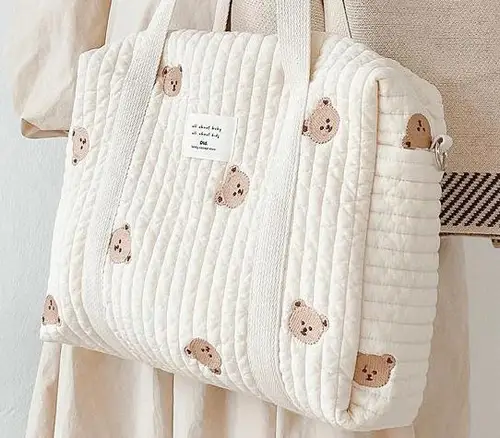 귀여운 곰 꽃 자수 패턴 아기 베이지 코튼 패브릭 지퍼 기저귀 핸드백, 새로운 수하물 가방 7