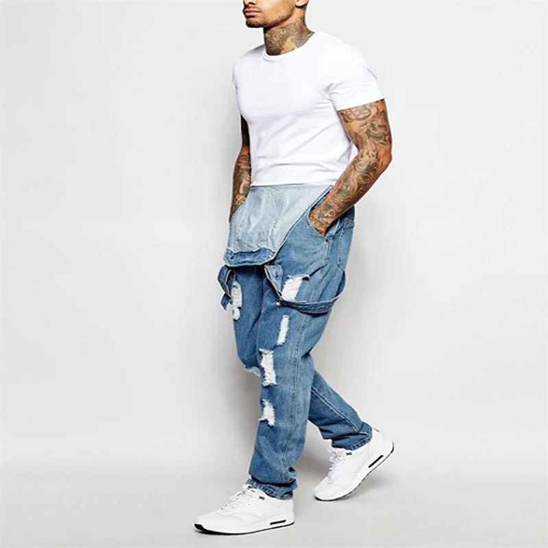Fashion Cool Men's Jumpsuit Light Blue Suspender Pants Ripped Denim Trousers Street Casual Youth Pocket Splicing Button Jeans 23