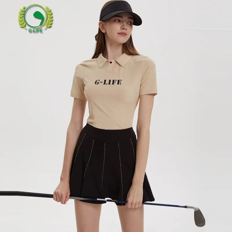 G-Life Golf Women's Short Sleeved T-shirt Korean Letter Printed Polo Tops Ladies A-lined Pleated Golf Skorts High Waist Skirts