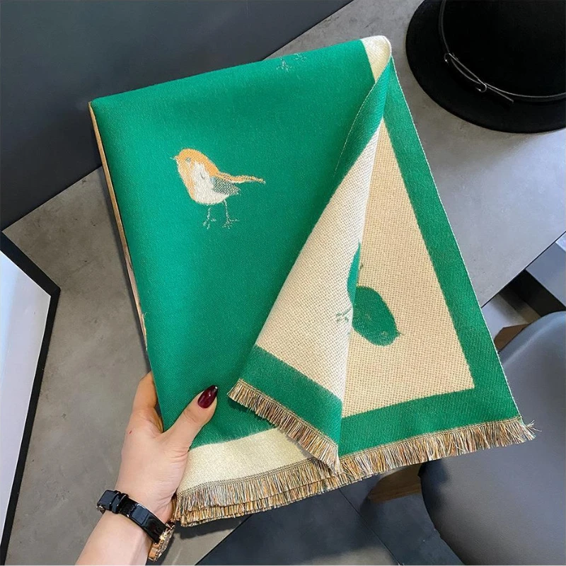 

2023 New Winter Women Scarf Cashmere Shawl Wraps Birds Printed Pashmina Scarves Designer Brand Bufandas Luxury Female Foulard