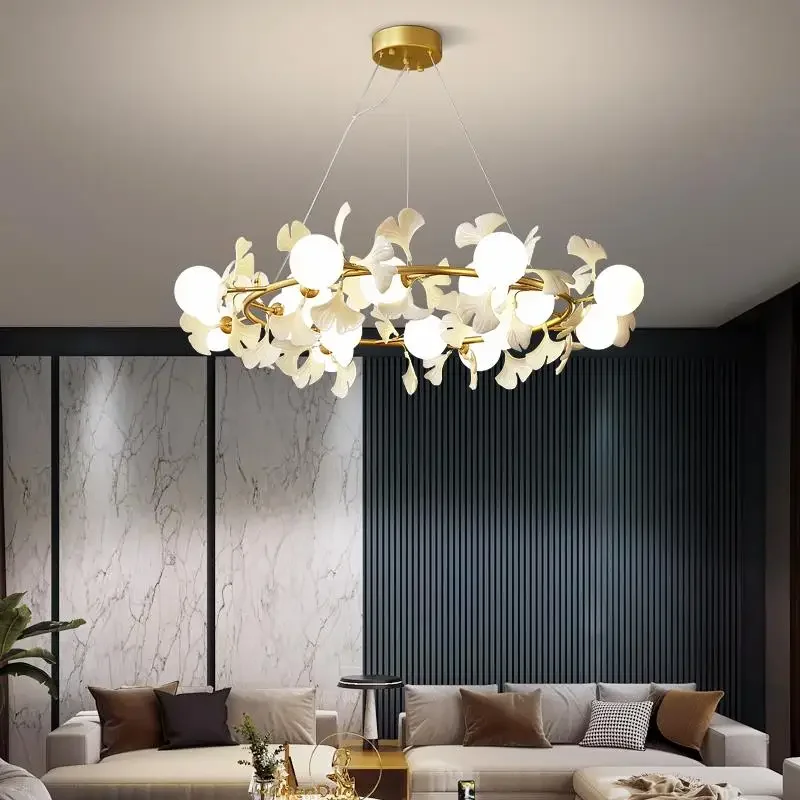 

Nordic Decorative Chandeliers Living Room Modern Home Decor Luxury Glass Ball White Leaves G9 Kitchen Lighting Gold Lustres