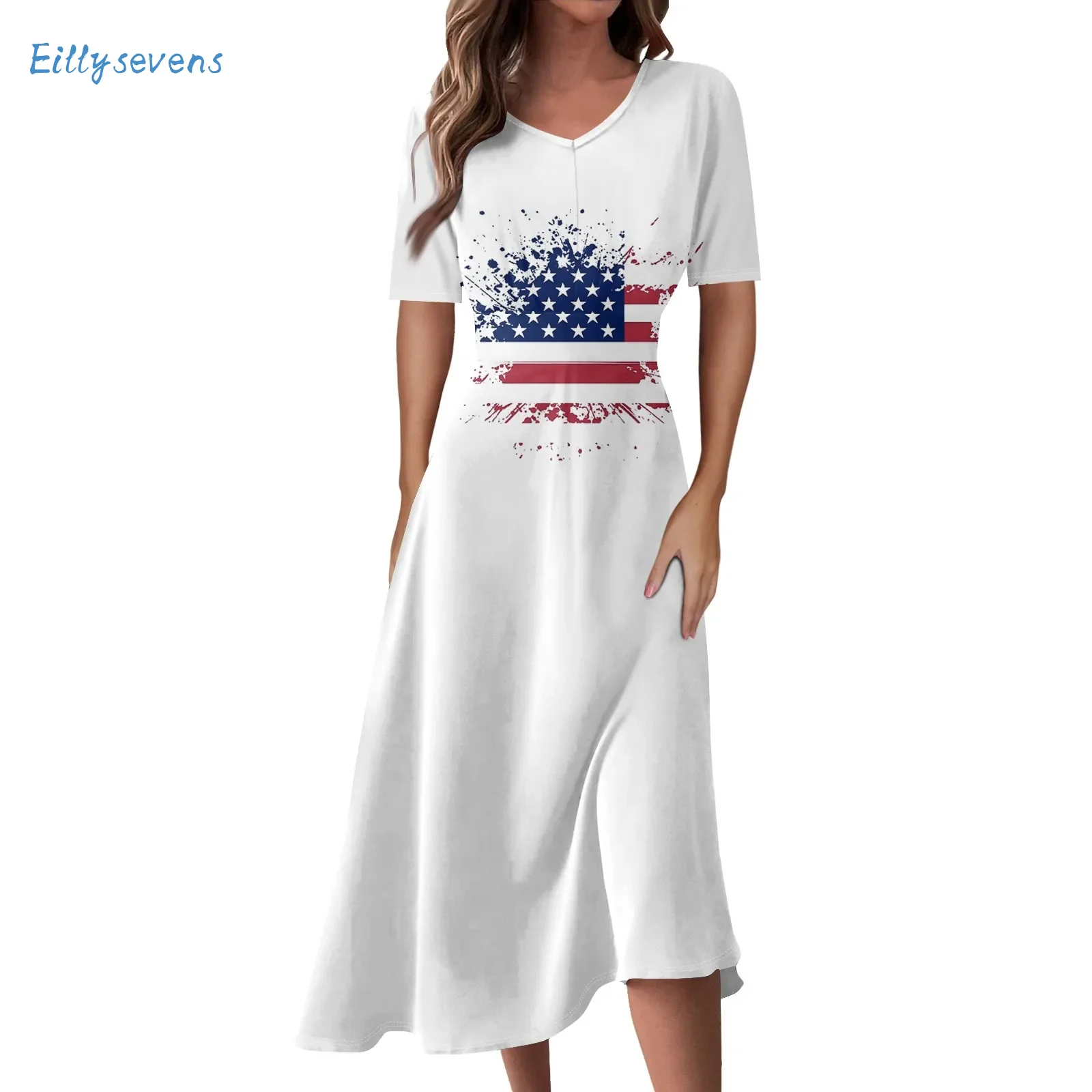 

Ladies New Dress Casual Fashion Independence Day Themed Print Dress V-Neck Short Sleeve Waist Fitting Long Flowy Swing Dress