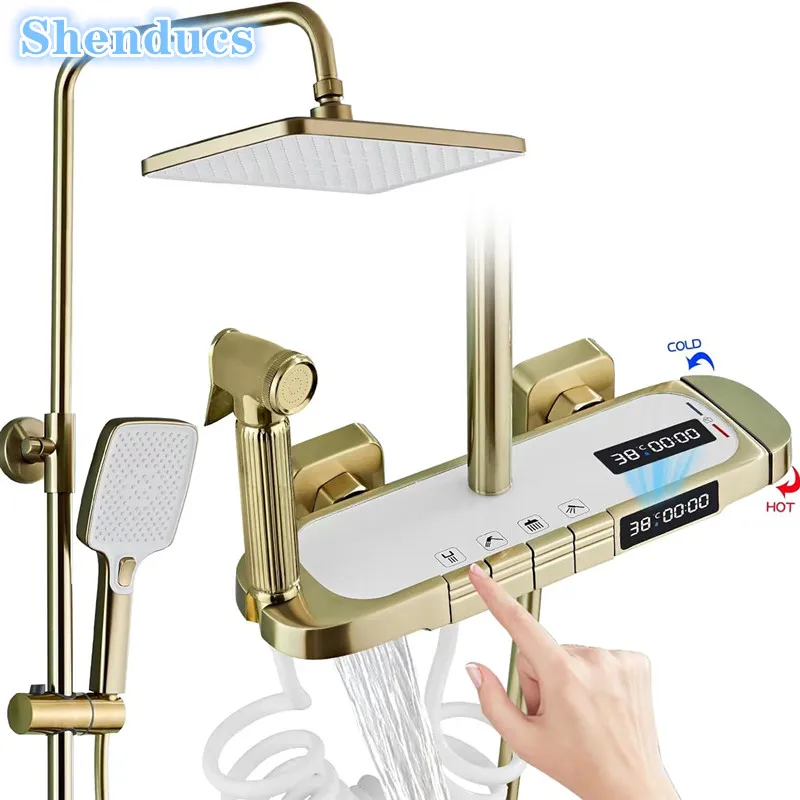 ชุดฝักบัวอาบน้ำดิจิทัลลายเปียโนสีทองขนาด12นิ้วหัวฝักบัวแบบสายฝนก๊อกน้ำในห้องน้ำน้ำร้อนและน้ำเย็นระบบควบคุมอุณหภูมิ 1