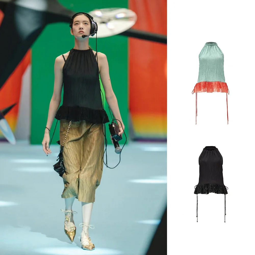 

Show Style Summer New Designer Pleated Lace Hanging Neck Sleeveless Vest Temperament Women's Top