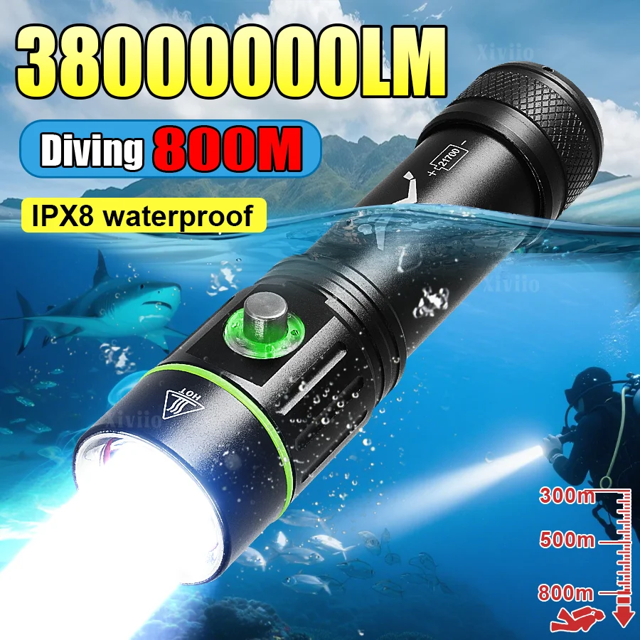 3800000LM 강력한 다이빙 손전등 IPX8 방수 램프 전문 스쿠버 다이빙 토치 800M 고출력 LED 손전등 18650 수중비디오라이트 수중랜턴 어항 조명 갈치낚시 채비 해루질 수중 써치라이트 어항조명