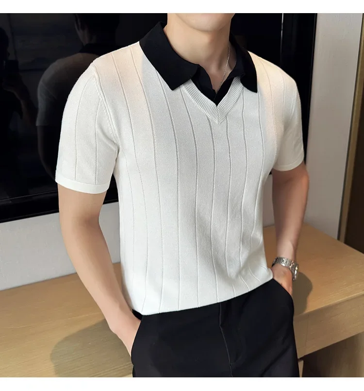 Thin Fashion Striped Lapel Knitted Polo Shirt, Fake Two-Piece Knitted Short-Sleeved T-shirt ~ Yellow Brown T-shirt 18 Sf1186f3de9d64a0d990b8f8a035e9804Y
