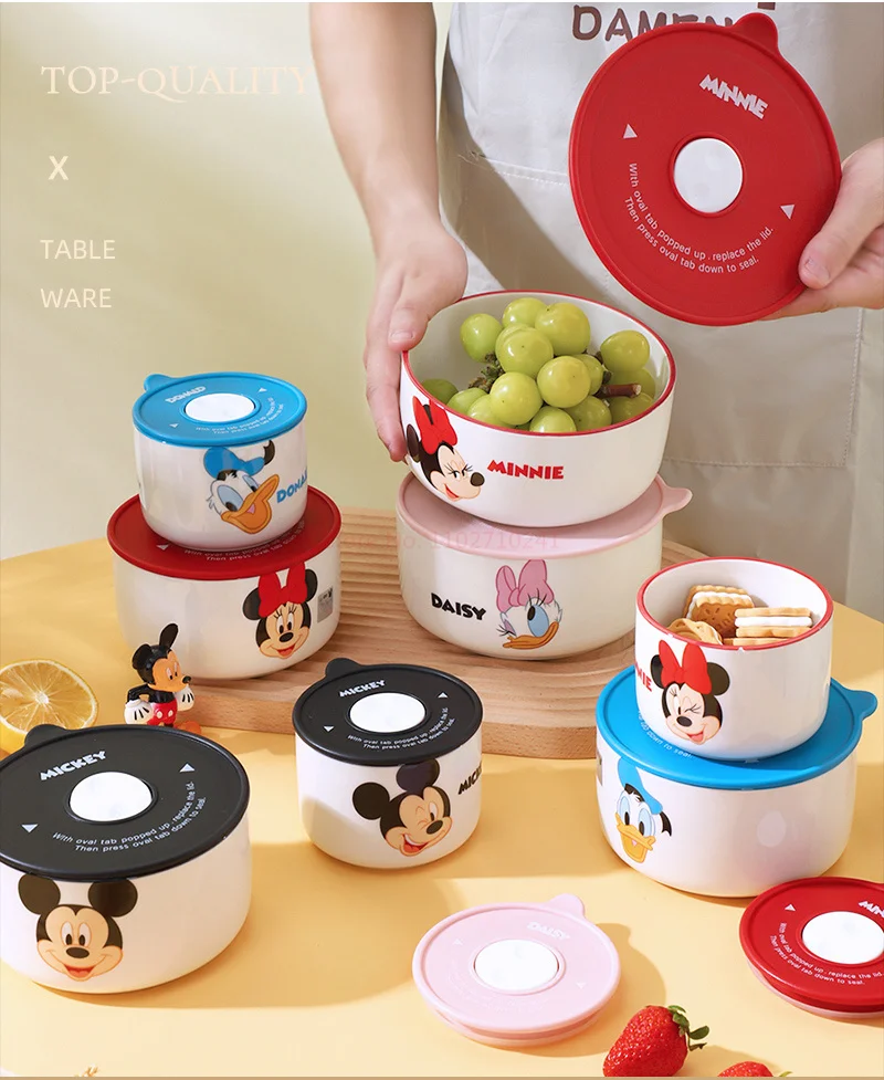 Disney Ceramic Bowl With Lid Microwave Oven Bowl 3 Pcs Student Thicken Lunch Box