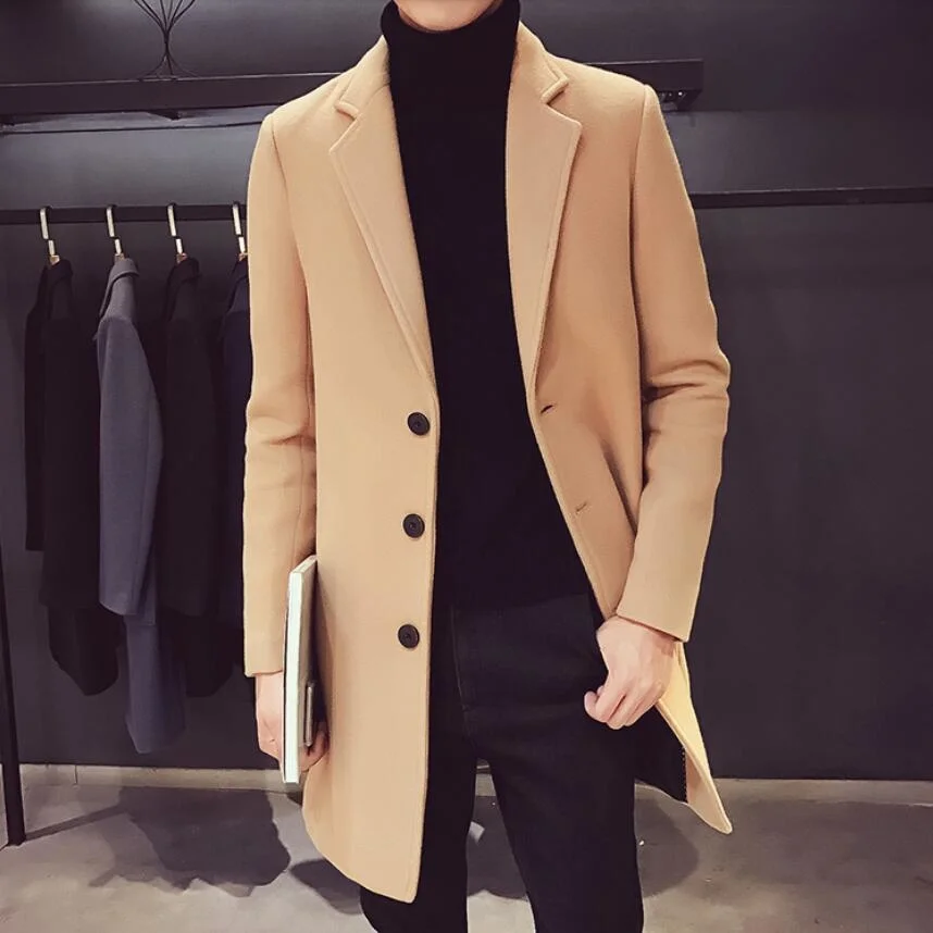 

Autumn Winter New Men's Casual Boutique Long Wool Coat Male Solid Color Lapel Single Breasted Trench Blends Jacket Windbreaker
