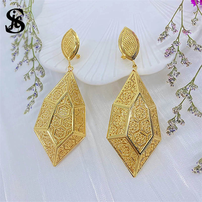 Hot Selling Fashion Jewelry Dubai Bohemian Style Gold Plated Hollow Drop Earrings For Women Wedding Party Anniversary Gift