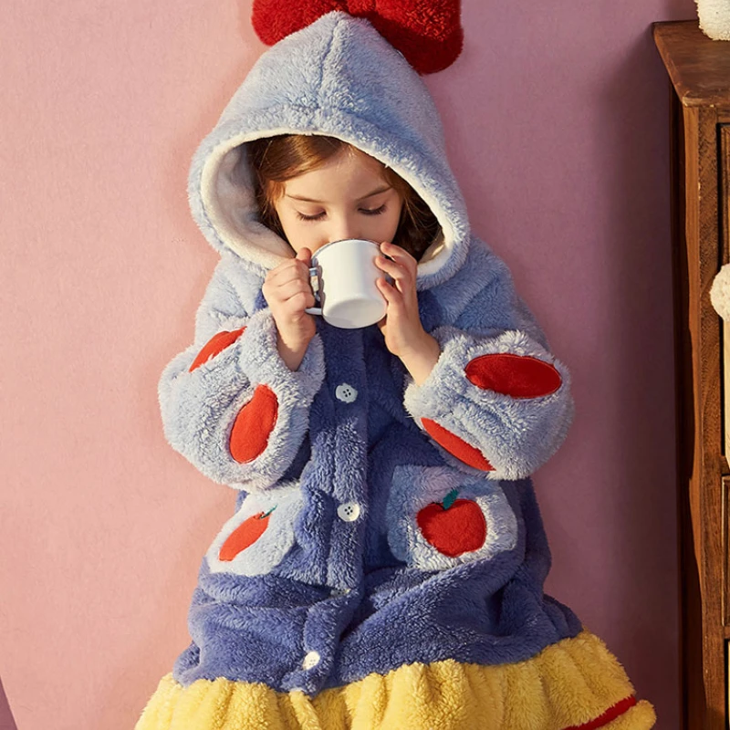 

Little Girls Winter Autumn Flannel Hoodie Cardigan Pajamas Children's Thickened Teens Warm Nightgown Snow White Sleepwear Robes