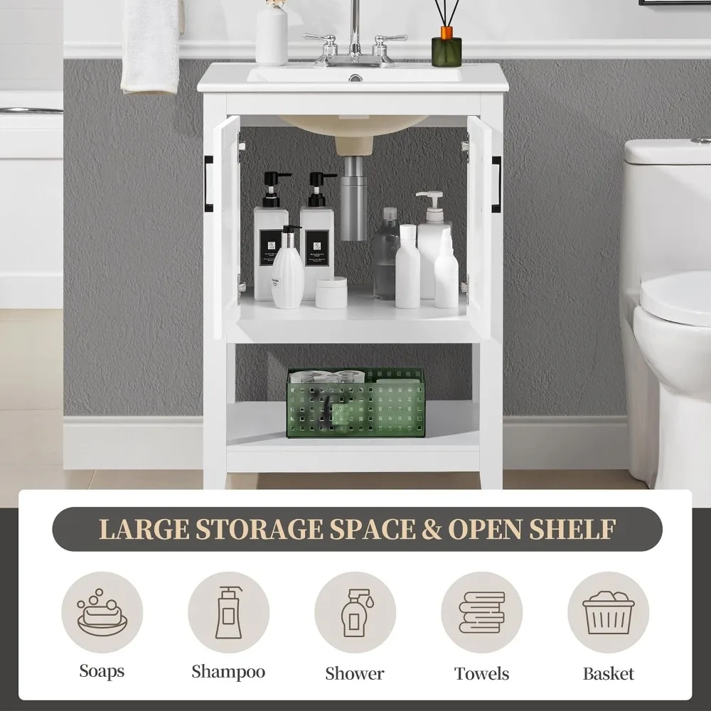 24" Bathroom Vanity with Sink, Sink Cabinet with Rectangular Ceramic Basin, Vanities Cabinet with 2 Doors and 1 Open Shelf,White 4