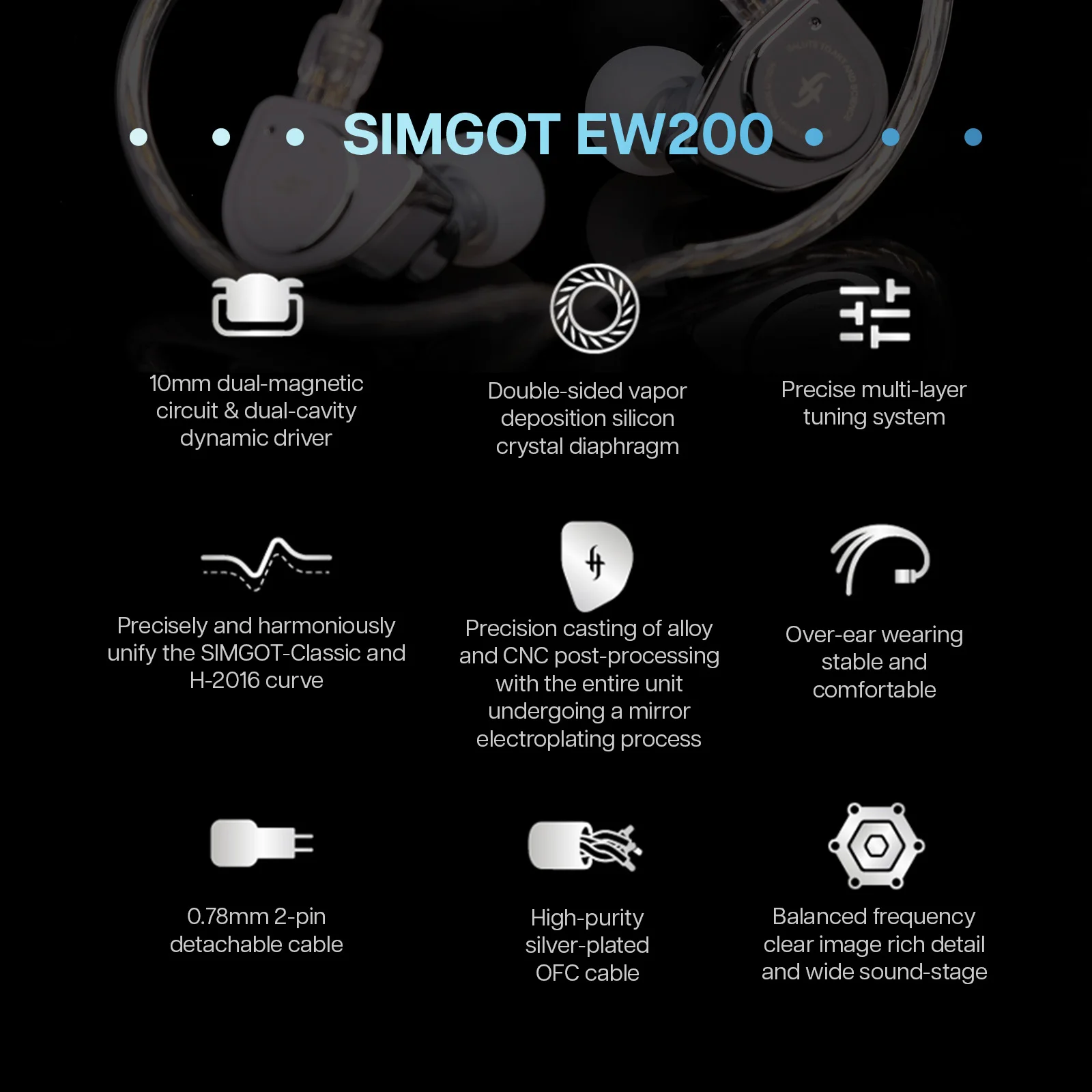 SIMGOT EW200 10mm SCP Diaphragm Dual-Magnetic-Circuit & Dual-Cavity Dynamic Driver IEM Hifi Earphones 4