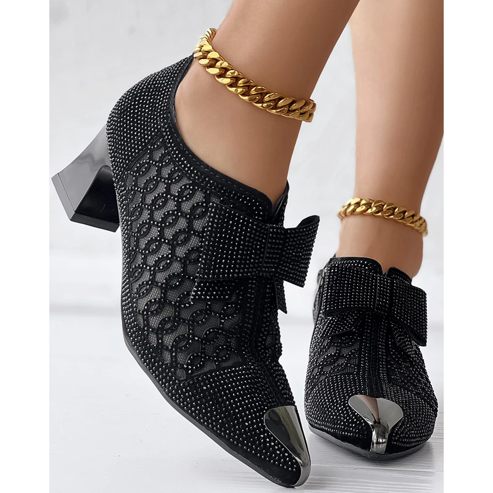 2023 Fashion Women Autumn Rhinestone Bowknot Decor Chunky Heels Femme Pointed Side Zip Ankle Boots Party Workwear Shoes Korean