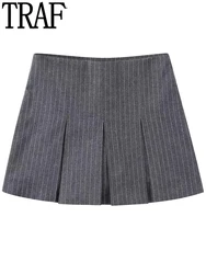 TRAF Grey Pleated Skirt Shorts Women Striped Bermuda Shorts Woman High Waist Casual Mini Shorts Harajuku Fashion Women's Skort