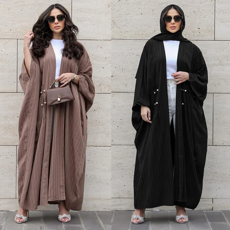 

Turkey Stripes Large Size Muslim Abaya Cardigan Long Dresses for Women V-neck Solid Flared Sleeve Kaftan Abayas for Women Dubai