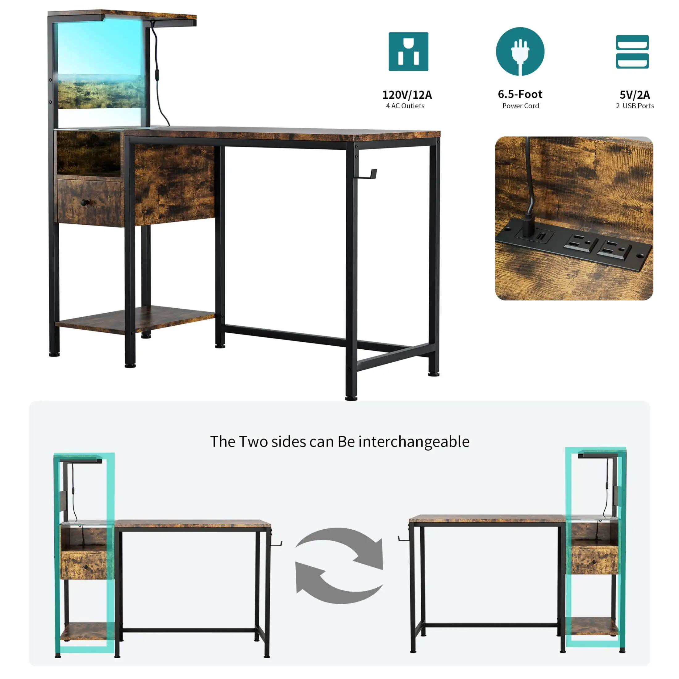 Computer Desk with LED Lights, Gaming Desk with Reversible Shelves and Charging Station, Rustic Brown 4