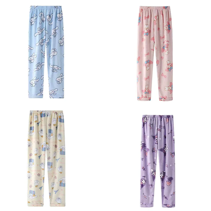 

Kawaii New Sanrio Flannel Pajamas Anime Hello Kitty Cinnamoroll Kuromi Autumn Winter Soft Plush Home Pants Girl Christmas Gifts