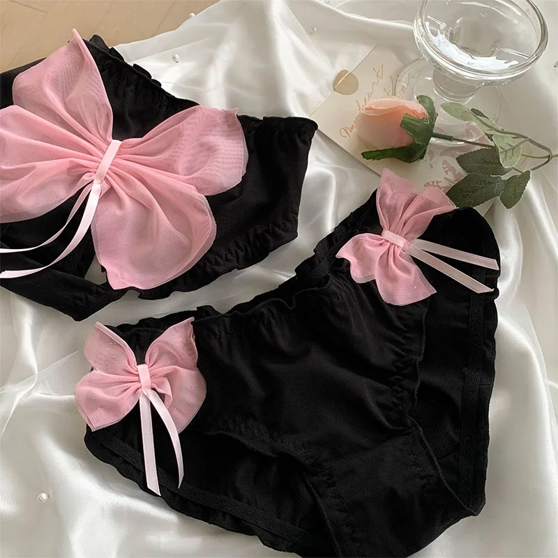 

1pc Women Cotton Briefs With Pink Lace Bowknot Soft Mid-waist Black Lingerie Underpants Panties One Size Comfortable Underwear