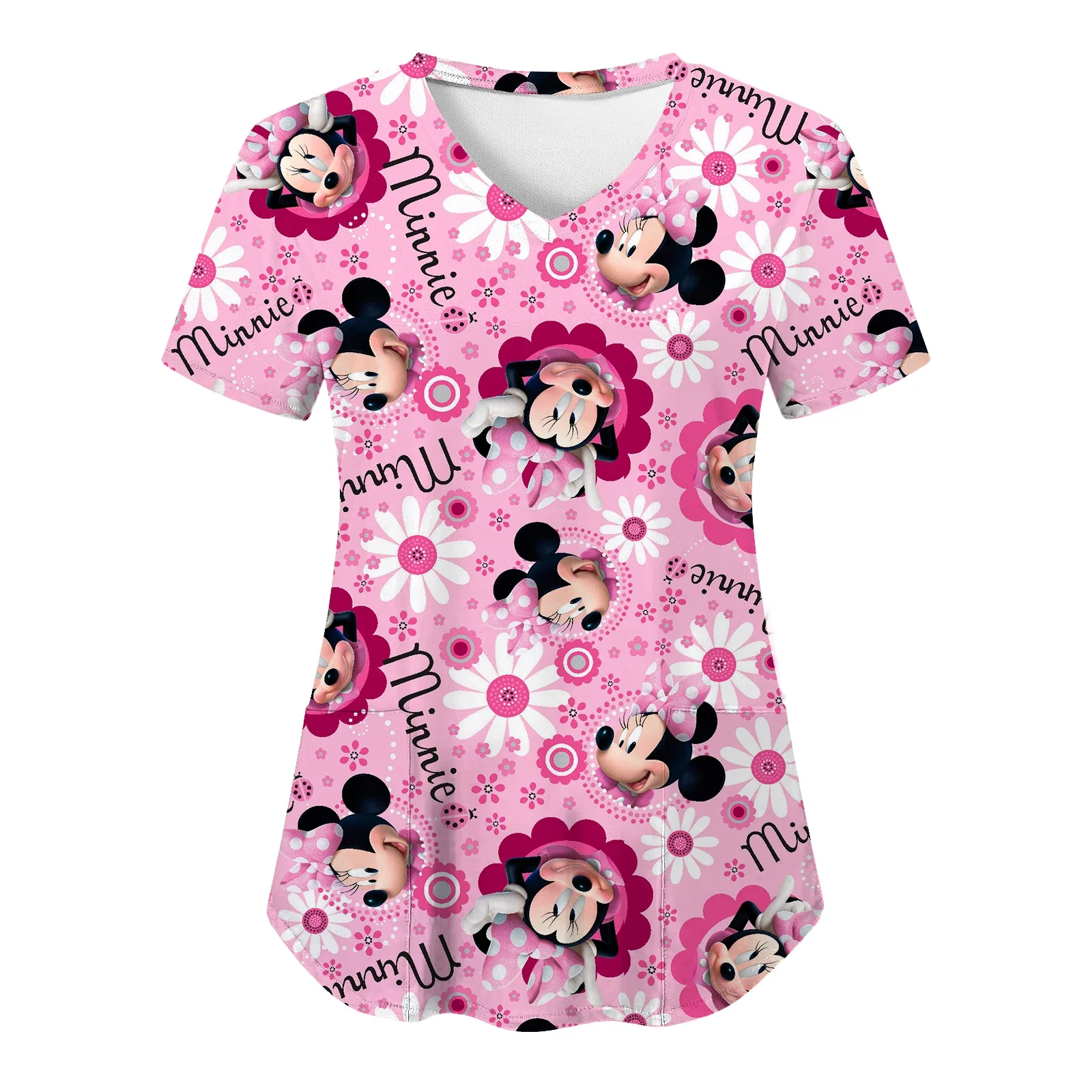 Miniso Minnie Mouse T-shirts V Neck Woman Clothes Hospital Tops Disney Top Women 2024 Nurse Uniform T-shirt Pocket Summer Tees 2