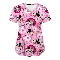 Miniso Minnie Mouse T-shirts V Neck Woman Clothes Hospital Tops Disney Top Women 2024 Nurse Uniform T-shirt Pocket Summer Tees 2