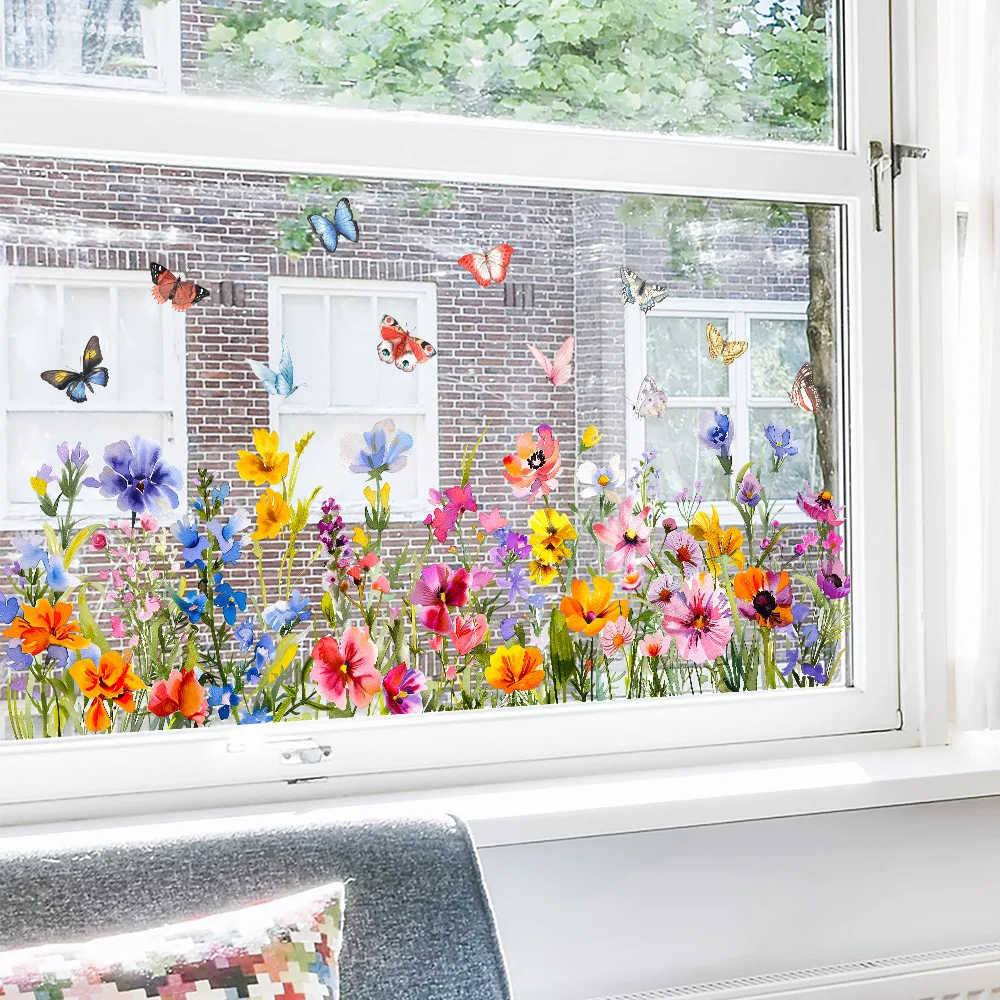 Butterflys Flowers Plants Printed Window Decorative Stickers Self-Adhesive Living Dining Room Bedroom Kitchen Glass