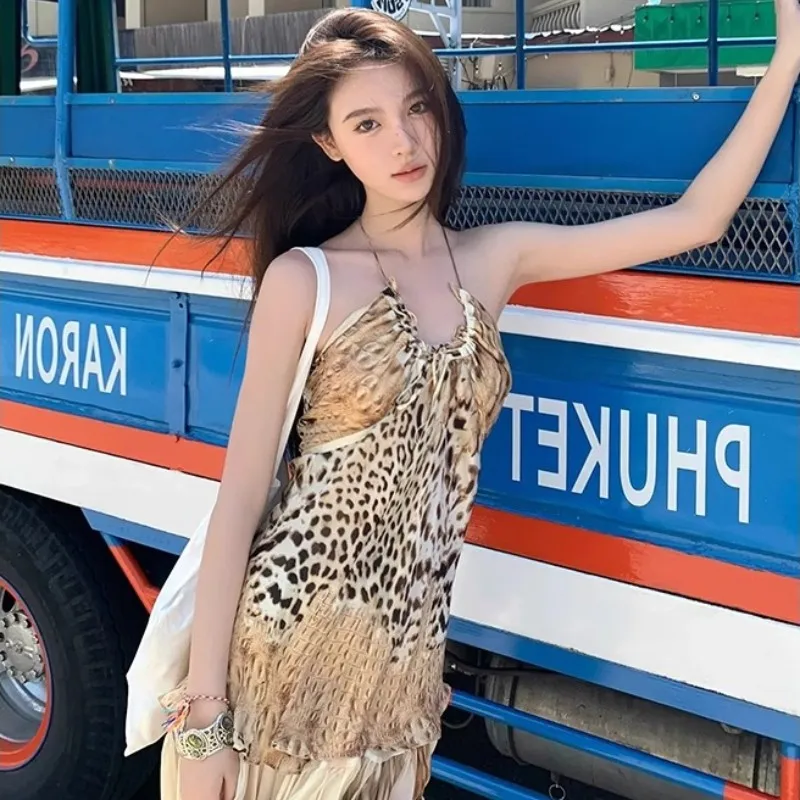 

Retro Leopard Print Spicy Girl Dress For Women's 2024 Summer New French Camisole Vest Vacation Beach Skirt