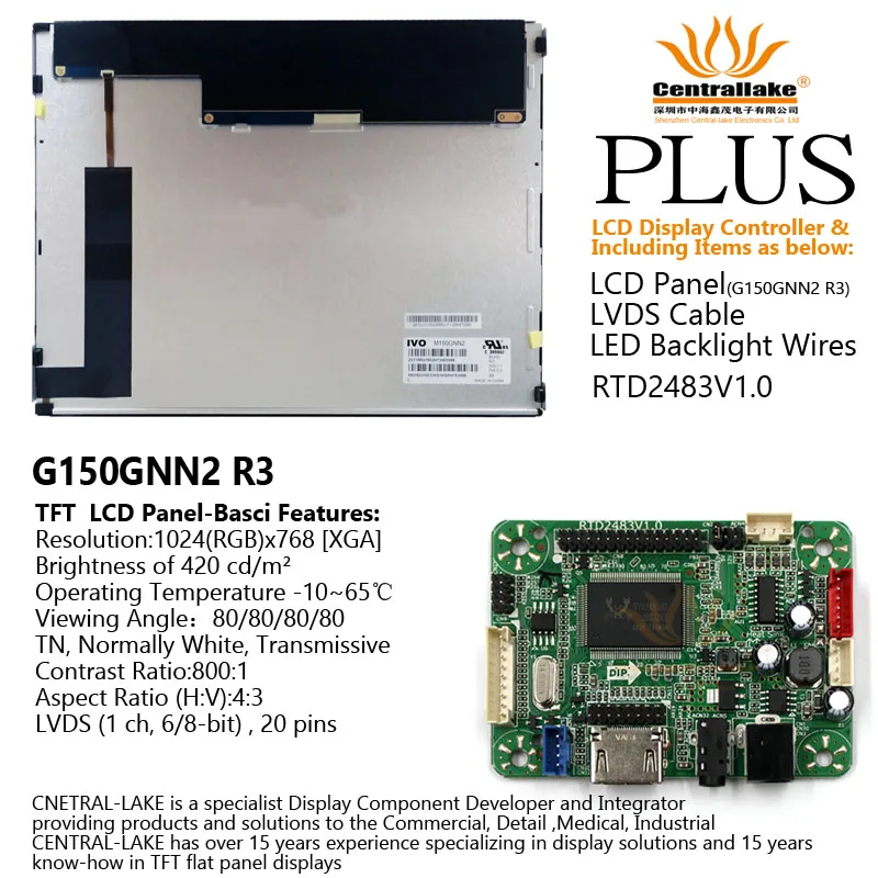 

Hot Sale for 15″LCD Industrial Display Screen Includes Controller Board RTD2483V1.0 Plus 15 Inch Panel M150GNN2 R3