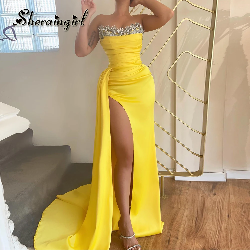 

SHERAINGIRL Sparkling Prom Dresses Sweetheart Sleeveless Rhinestones Slit Ruched Chapel Train Vestidos De Gala Custom Made