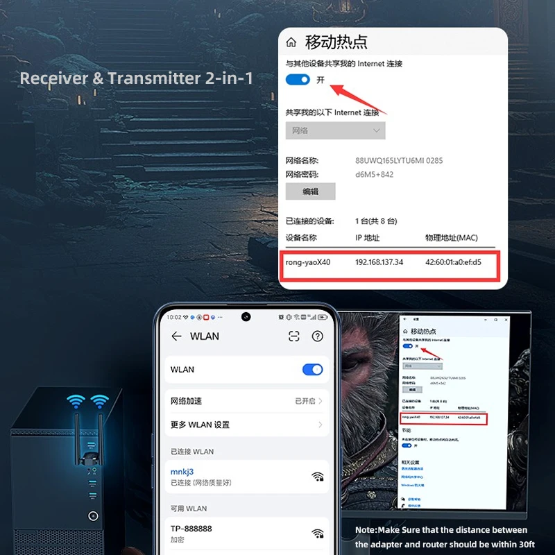 WiFi 어댑터 AX1300 5dBi 안테나 5G&2.4G 듀얼 밴드 WiFi6 동글 (데스크탑 PC 윈도우용 USB 이더넷 무선 네트워크 카드)