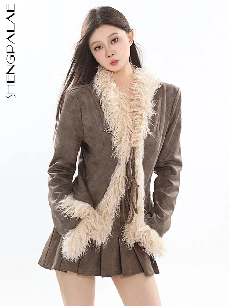 

SHENGPALAE Vintage Women Faux Fur Coat Fashion Plush Spliced Lace Up Light Luxury Full Sleeve Warm Jacket Autumn 2024 New 5R7170