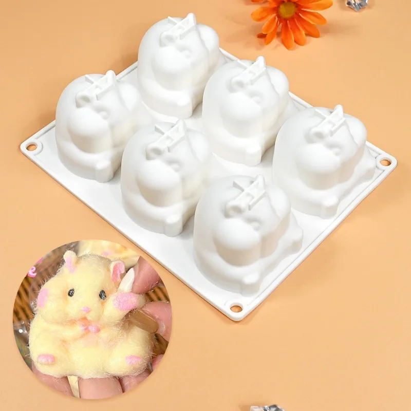 6-hole Hamster Pinching Silicone Mold Kitchen Baking Cute Simulation Animal Mousse Cake Mold Home Plaster Ornament Candle Mold