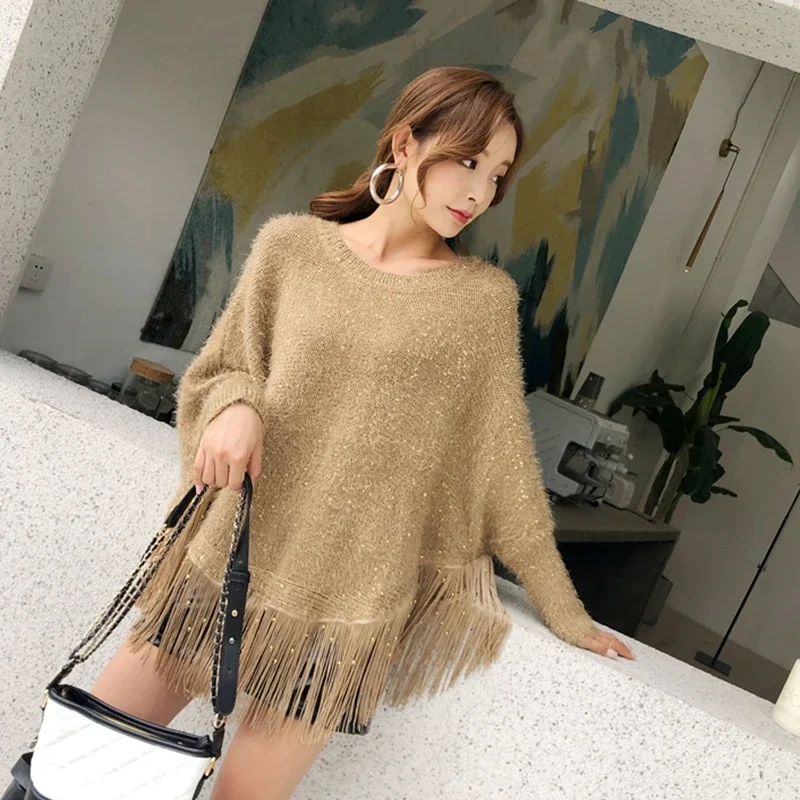 

Autumn and Winter Sequined Tassel Sweaters Loose Cape Shawl Pullover Sweater Thickened Knitted Jacket Bat Shirt Top Ladies