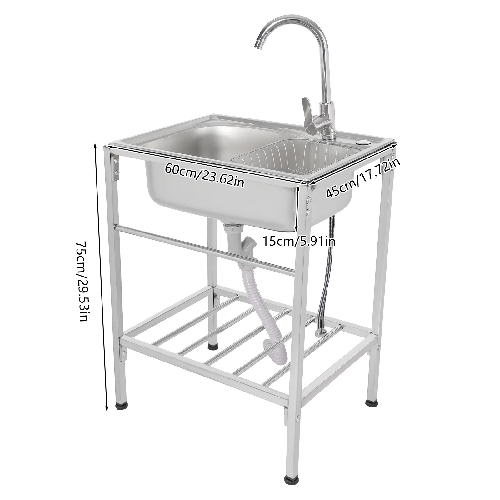 Stainless Steel Kitchen Sink, Outdoor Free Standing Single Bowl Workbench with 360° Rotating Faucet, Kitchen Square Sinks