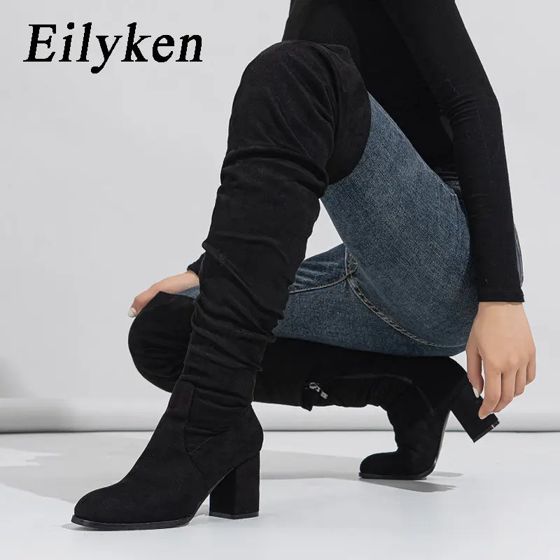 

Eilyken 2024 New Winter Zipper Women Over-the-Knee Boots Fashion Flock Square Heel Shoes Thigh High Long Botas De Mujer