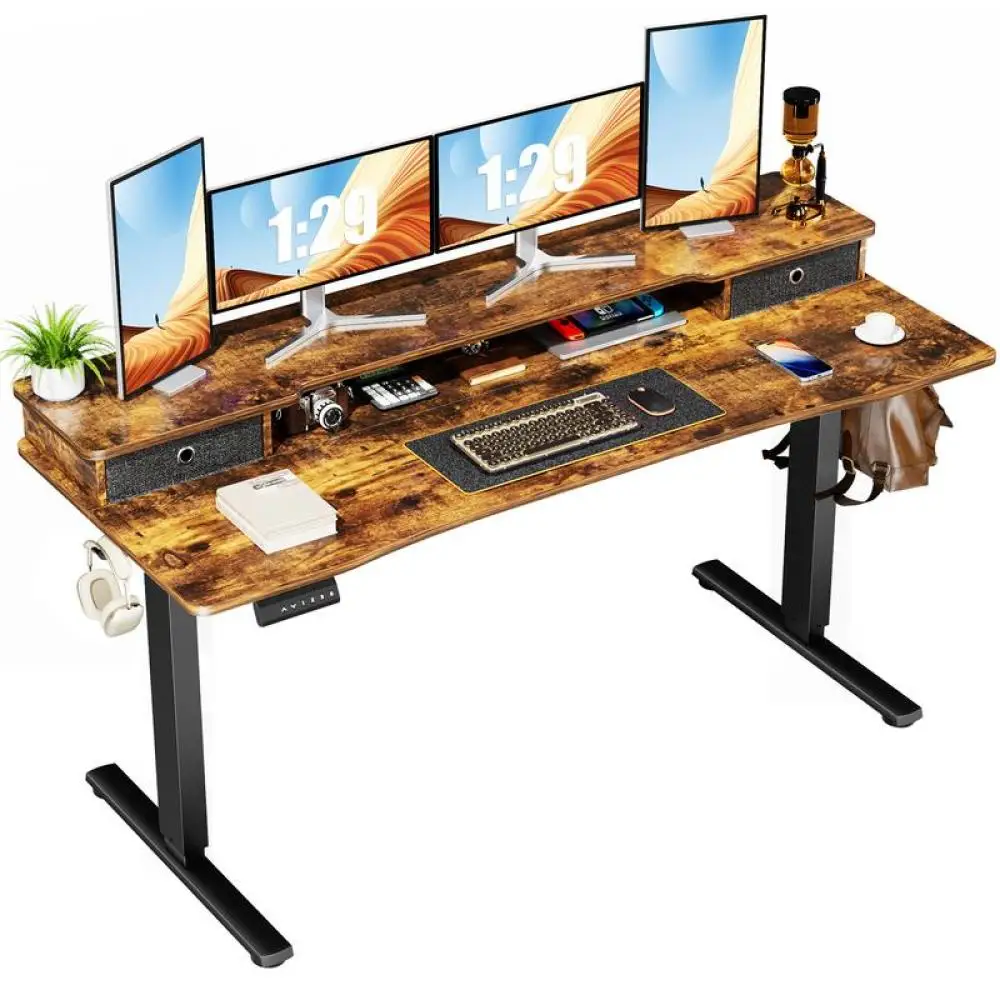 Furniture Height Adjustable Electric Standing Desk with Storage Shelf Double Drawer, Stand up Desk