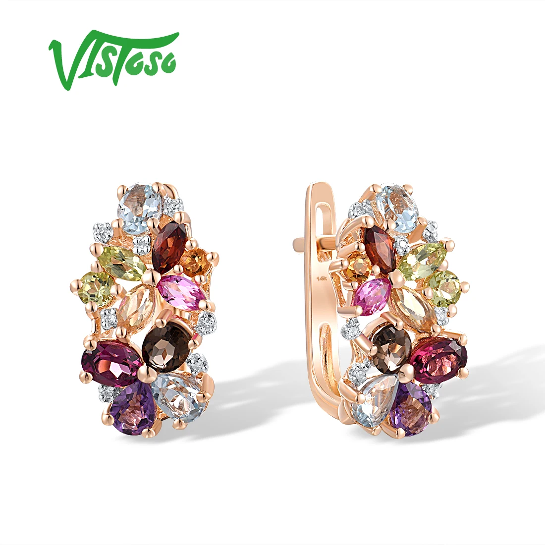 

VISTOSO Real 14K 585 Rose Gold Colorful Cluster Gems Earrings For Women Sparkling Diamond Charming Flower Delicate Fine Jewelry