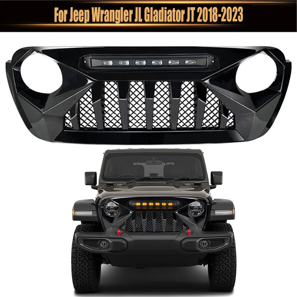 

Front Bumper Grille Racing Grill Guard Grid For Jeep Wrangler JL Gladiator JT 2018-2023 Demon Gloss Black Amber Spotlight Style