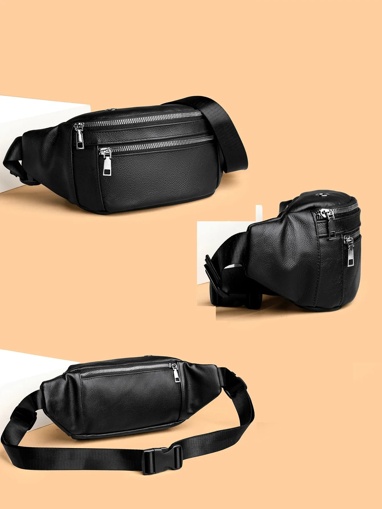 Simple Black Men's Genuine Leather Fanny Pack Lightweight