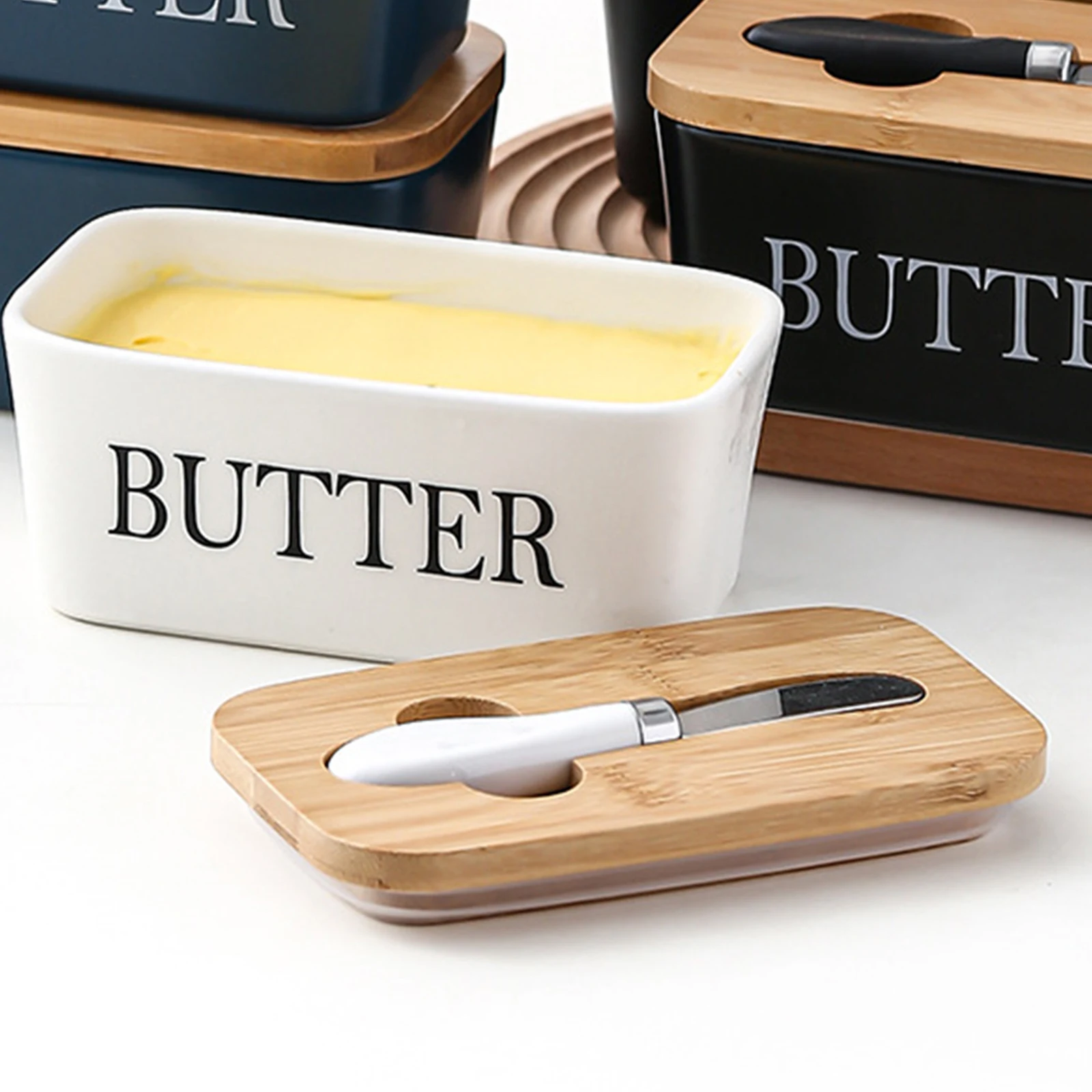 Ceramic Butter Container Box Restaurant Seal Storage Boxes Cheese Box with Knife Multiuse Preservation Butter Dish Tableware butter storage box