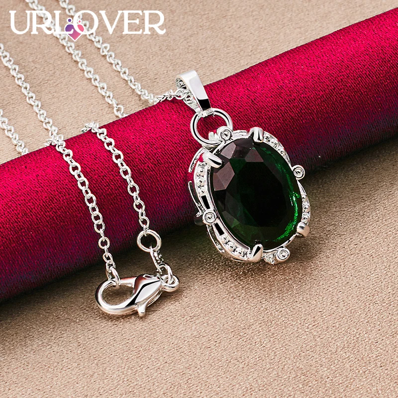 

URLOVER 925 Sterling Silver Necklace For Woman Big Green Zircon Crystal Pendant Necklaces Fashion Birthday Party Wedding Jewelry