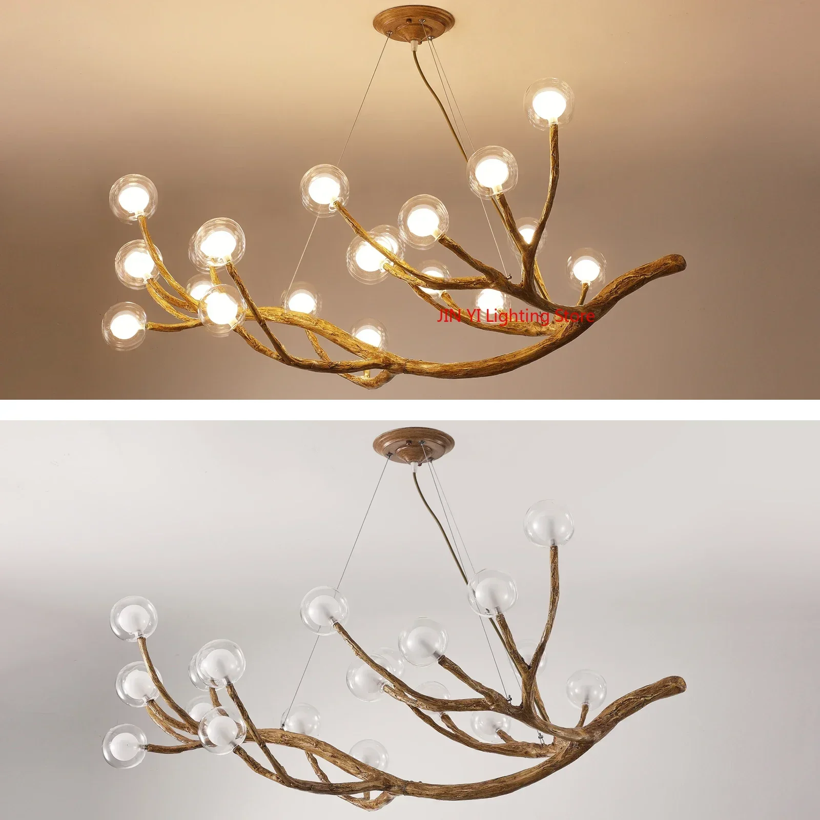 Simulation Resin Iron Tree Branch Glass Bubble Led Retro Pendant Chandelier For Living Room Decor Hanging Lighting