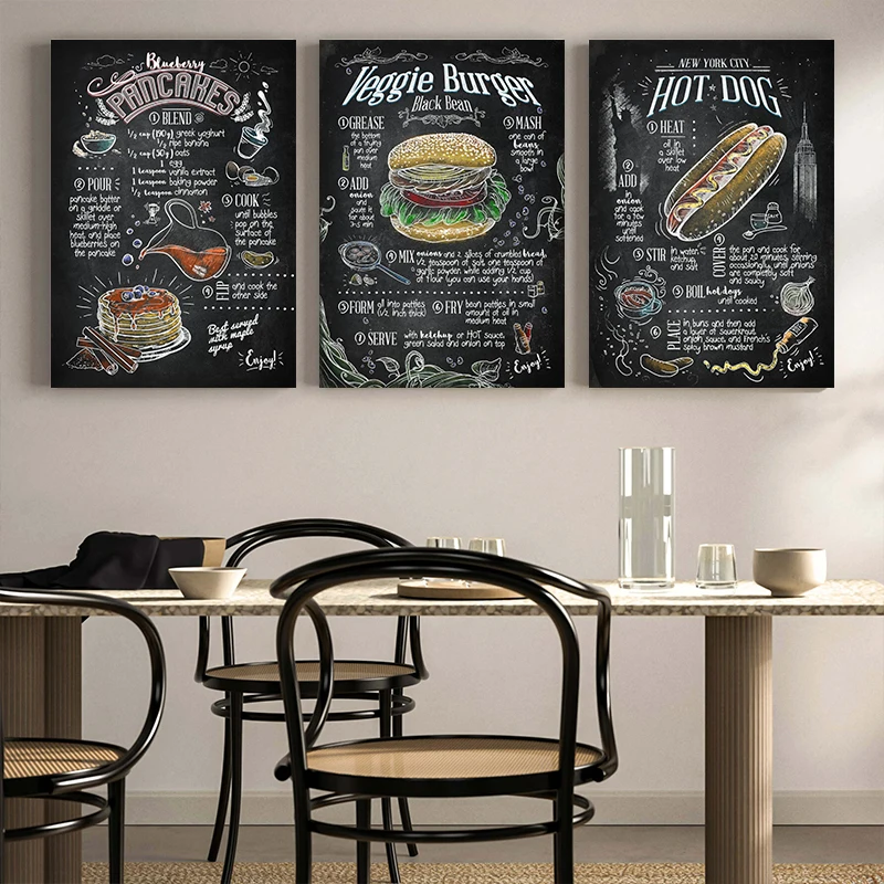 Classic Foodie Cuisine Blackboard Artwork Poster Canvas Printing Fast Food Hamburger Hotdog Wall Decor Kitchen Restaurant Decor