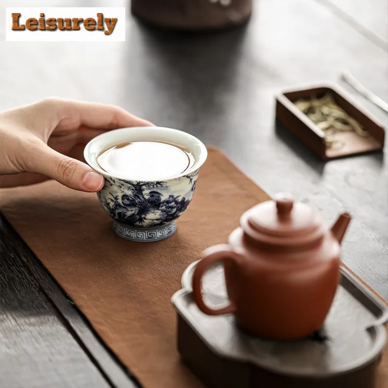 90ml Antique Blue And White Tea Cup Ink Flower And Bird Meditation Master Cup Tasting Guest Cup Personal Tea Bowl Kung Fu Teaset
