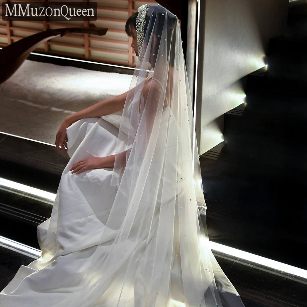 

MMQ M29 Long Beaded Wedding Veil White Soft Tulle One Layer Elegant Cathedral Wedding Pearls Veils Bride Accessories