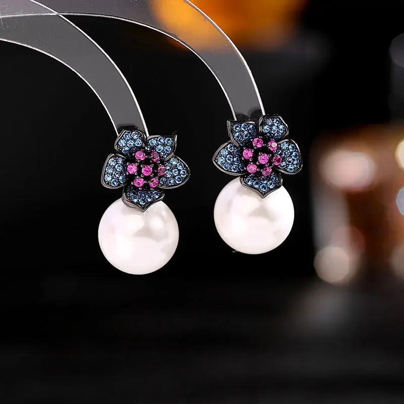 

Baroque Vintage Style Hot Pink Pistil Dark Blue Flower and Pearl Stud Earrings Fairy Jewelry