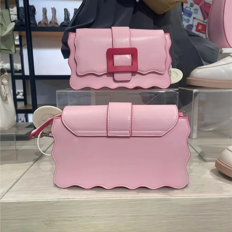 JIAERDI Sweet Lovely Pink Handbag Women Wavy Edge Square Lock Shoulder Bags Ladies Leather Mini Niche Design Crossbody Bag 2025
