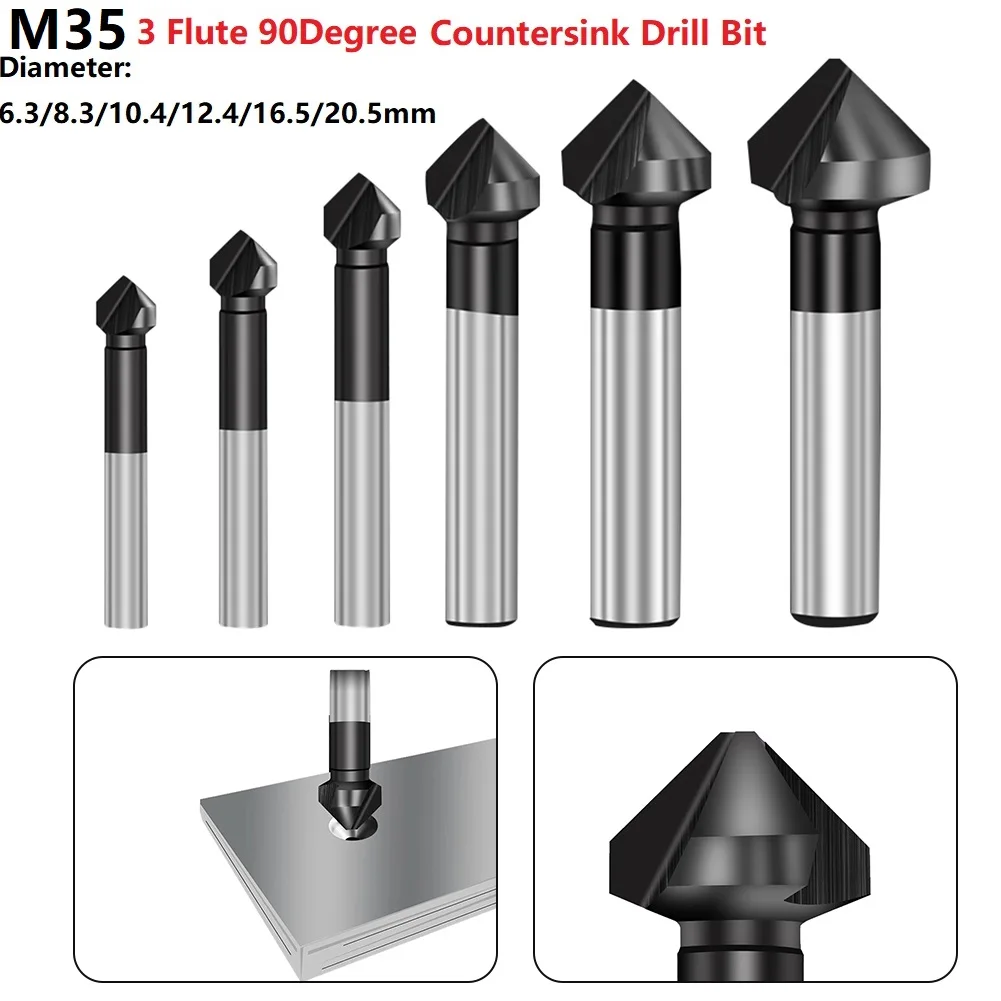 1 Pcs  Countersunk Drill Bit M35 3 Flute 90 Degree Chamfering Tools Cobalt TiAlN Coated For Drilling Hardness Less Than 65HRC