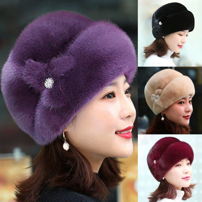 Winter Warm Imitation Mink Fur Caps For Women Earflap Fisherman Earwarmer Hat Floral Basin Cap winter hat fur hat knitted earflap hat