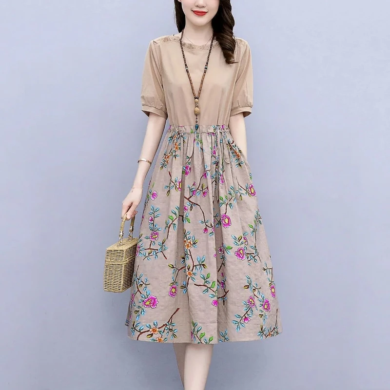 Women Cotton Linen Casual Dress New 2022 Summer Vintage Style Oneck